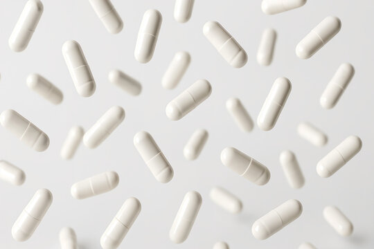 Pastillas blancas flotando o cayendo, aisladas sobre fondo blanco.