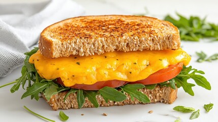 A toasted sandwich filled with melted cheese, fresh tomatoes, and arugula, served on whole grain bread.