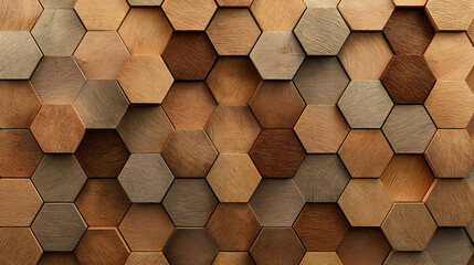 Wood, 3D Wall background with tiles. Hexagonal, tile Wallpaper with Timber, Soft sheen blocks. 3D Render