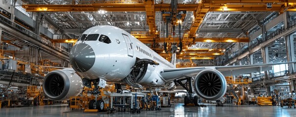 A large airplane is positioned in a well-lit manufacturing facility, surrounded by machinery and equipment, showcasing the aircraft production process.
