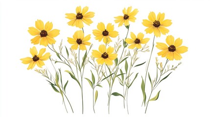 Rustic Coreopsis floral illustration vector showcasing yellow flowers and delicate leaves perfect for logos or print materials