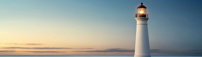 Fototapeta premium A serene lighthouse stands against a tranquil seascape, illuminated by a warm light as the sun sets, creating a peaceful coastal scene.