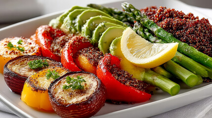 The plate contains a balanced meal of quinoa, roasted vegetables and sliced ​​avocado with a lemon wedge, broccoli, healthy eating