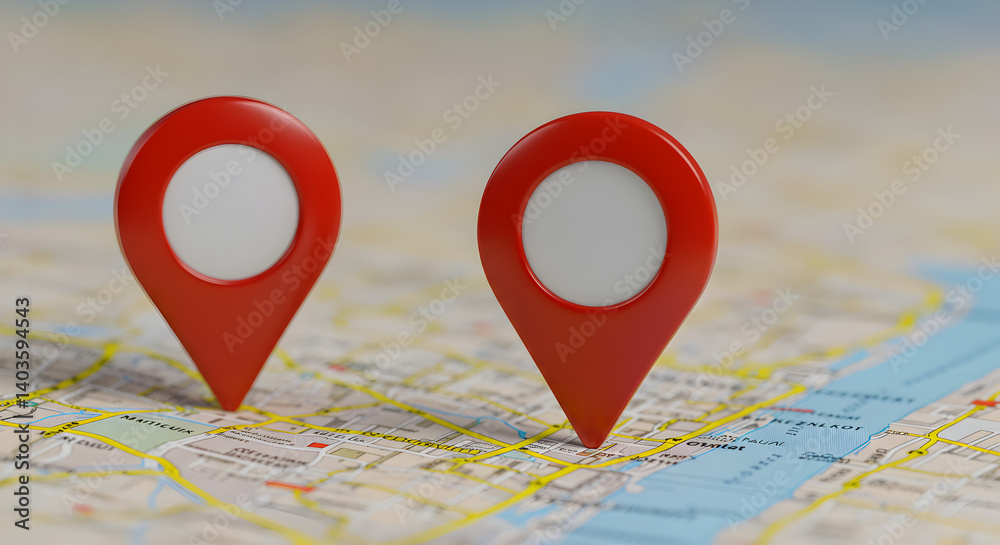 Poster two red location pins on a detailed city map displaying navigation and positional awareness