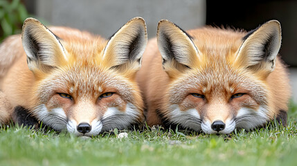 Fototapeta premium Two Resting Foxes in a Green Grassy Field with Red Orange Fur Close Up Portrait