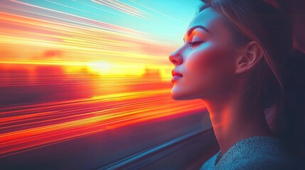 Sunset Journey: A Serene Woman Gazing at a Vibrant, Motion-Blurred Landscape