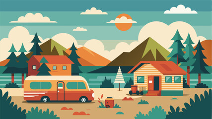 Rustic cabins and cozy camper vans dot the landscape creating a charming and laidback atmosphere at this seaside retreat.