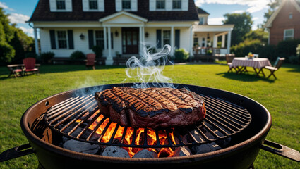 A delicious grilled steak is cooked to perfection on a charcoal grill in the backyard.