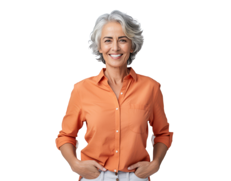 elderly female woman in orange blowse and hands in pocket isolated on white or transparent png