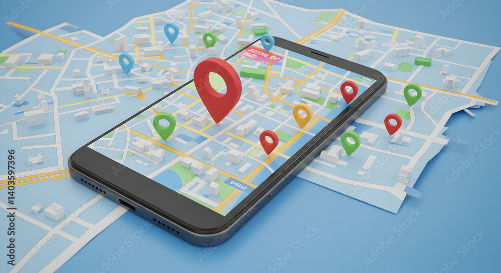 Poster smartphone displaying a navigation app with location markers on a colorful map background