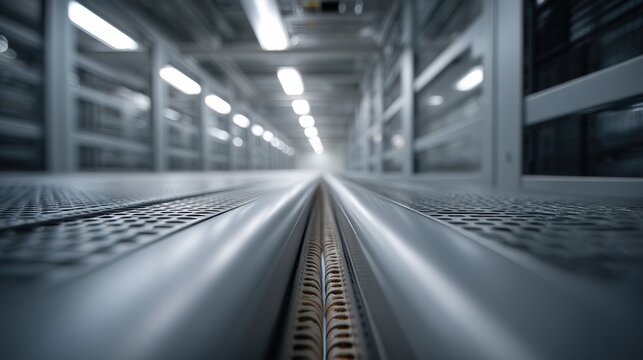 Data Center Aisle with Server Racks and Metal Floor