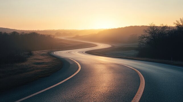 Winding asphalt road through peaceful countryside at golden sunrise