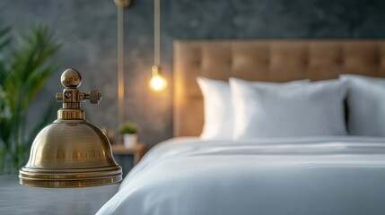 Elegant bedroom interior featuring a stylish brass bell and plush bedding with ambient lighting