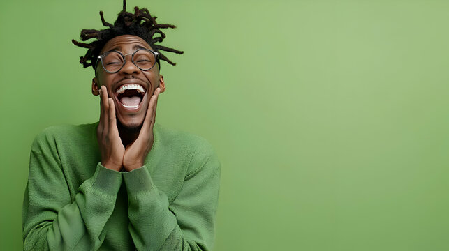 Joyful Young Man with Surprised Expression Against Green Background