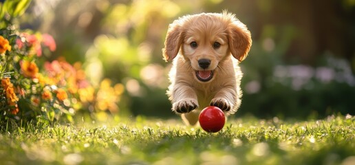 Golden retriever puppy playing fetch, garden background