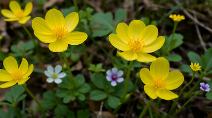 Closeup of yellow anemone flowers (Anemonoides ranunculoides) in floodplain forest with wild garlic and windflower. Spring floodplain forest plants with buttercup anemone.