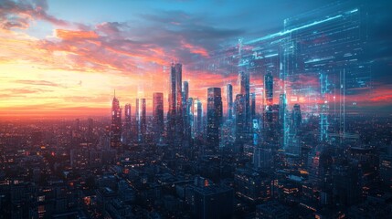 Fototapeta premium Futuristic Cityscape at Sunset with Digital Elements and Details