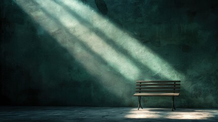 A wooden bench sits in a dimly lit room, bathed in the soft glow of sunlight streaming through a large window.