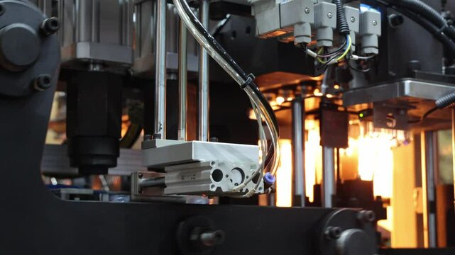 Close up of plastic PET bottle preform heating process in industrial manufacturing machine. Automated industrial PET bottle machine. Robotic system automation in high speed plastic bottle production.