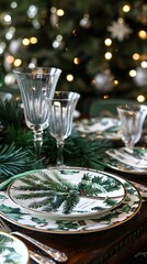 Elegant holiday table setting with crystal glasses and pine accents for christmas celebration.