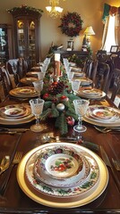 Elegant christmas dining table with festive decorations and fine china.