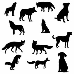dog silhouettes vector, fox silhouettes, wolf silhouette, animals silhouette on white background 