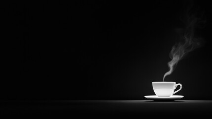 A white cup of coffee on a saucer, with steam rising from it.