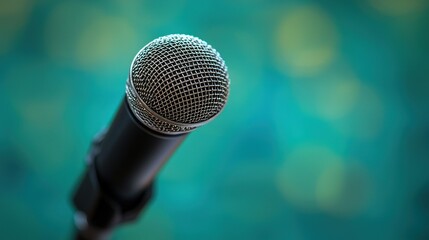 Obraz premium Close-up of a Microphone on a Teal Background
