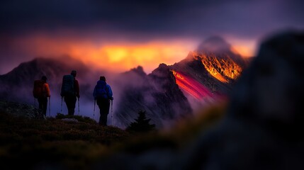 Fototapeta premium Hikers Sunset Mountain Peak Dramatic Landscape.