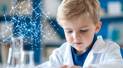 Little Boy Concentrating on Scientific Experiment with Digital Molecule Overlay in Brightly Lit Laboratory Setting