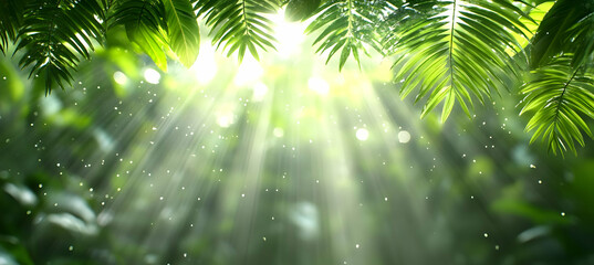 Obraz premium Lush Green Foliage and Sunlight Rays Through Tropical Forest Leaves in Bright Environment