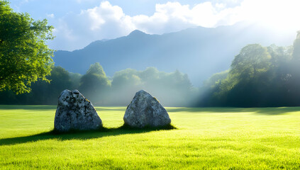 Lush Green Field with Rocks and Mist Under Sunlight and Mountain Background On A Bright Sunny Day