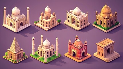 Vibrant 3D icon collection showcasing 12 intricately designed global buildings with materials textures and ornate architectural elements