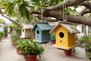 Colorful birdhouses hanging on a tree in a garden with potted plants during daylight hours