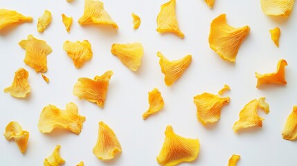 Naklejka premium Bright yellow chanterelle mushrooms scattered on a white surface, clean and vibrant