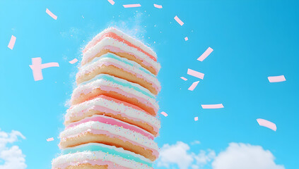 Luxurious Seven Layer Cake Stacked Against Bright Blue Sky Decorated with Lavender Vanilla Cream and Colorful Sprinkles Food Photography