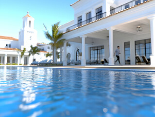 Luxury White Villa with Swimming Pool and Palm Trees Under Clear Blue Sky