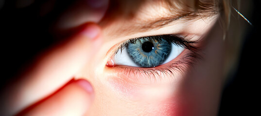 Macro Shot of a Blue Eye with Fair Skin and Blonde Hair in Dramatic Lighting Showing Health and Beauty