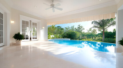 Luxury Resort with Turquoise Swimming Pool White Ceiling and Columns near Trees and Blue Sky on Vacation