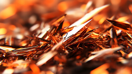 Macro Shot of Copper Crystals Displaying Metallic Luster and Geometric Structure in a Shiny, Bronze Toned Abstract Background