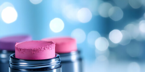 Macro Shot of Pink and Purple Lipstick with Metallic Tubes on a Blurred Bokeh Background Showcasing Beauty and Cosmetics
