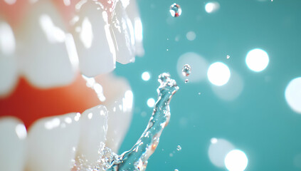 Macro Shot of White Teeth with Splashing Water on Turquoise Background with Bokeh Lights for Dental Hygiene