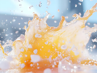 Macro Shot of Orange Juice Splash on Tabletop Against Blurred Background Showing Refreshment and Vibrancy in Studio Setting
