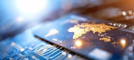 Macro Shot of Golden World Map Credit Card on Blue Circuit Board Background with Artificial Lighting and Bokeh