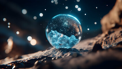 Magical Blue Orb Casting a Mystical Glow over the Rock Surface in 3D Render