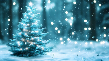 Magical Christmas Tree in Snowy Forest with Bokeh Lights in Teal and White Winter Wonderland