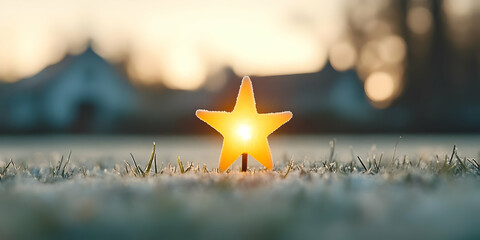 Magical Golden Star on Frosty Lawn at Sunrise with Glowing Light in a Rural Landscape