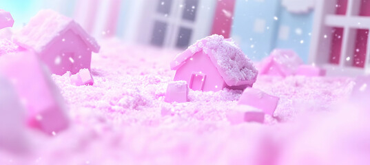 Magical Miniature Pink Christmas Village Floating Above Pastel Pink Snowdrift and Blue Background