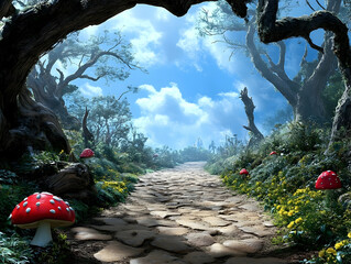 Magical Green Fairytale Forest with Red Mushrooms Under a Bright Blue Sky on a Sunny Day Landscape with Stone Path Through The Woods