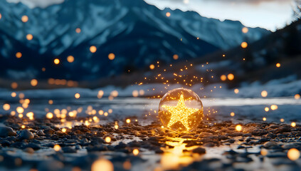 Magical Golden Star Sphere on Snowy Ground with Mountain Backdrop at Twilight
